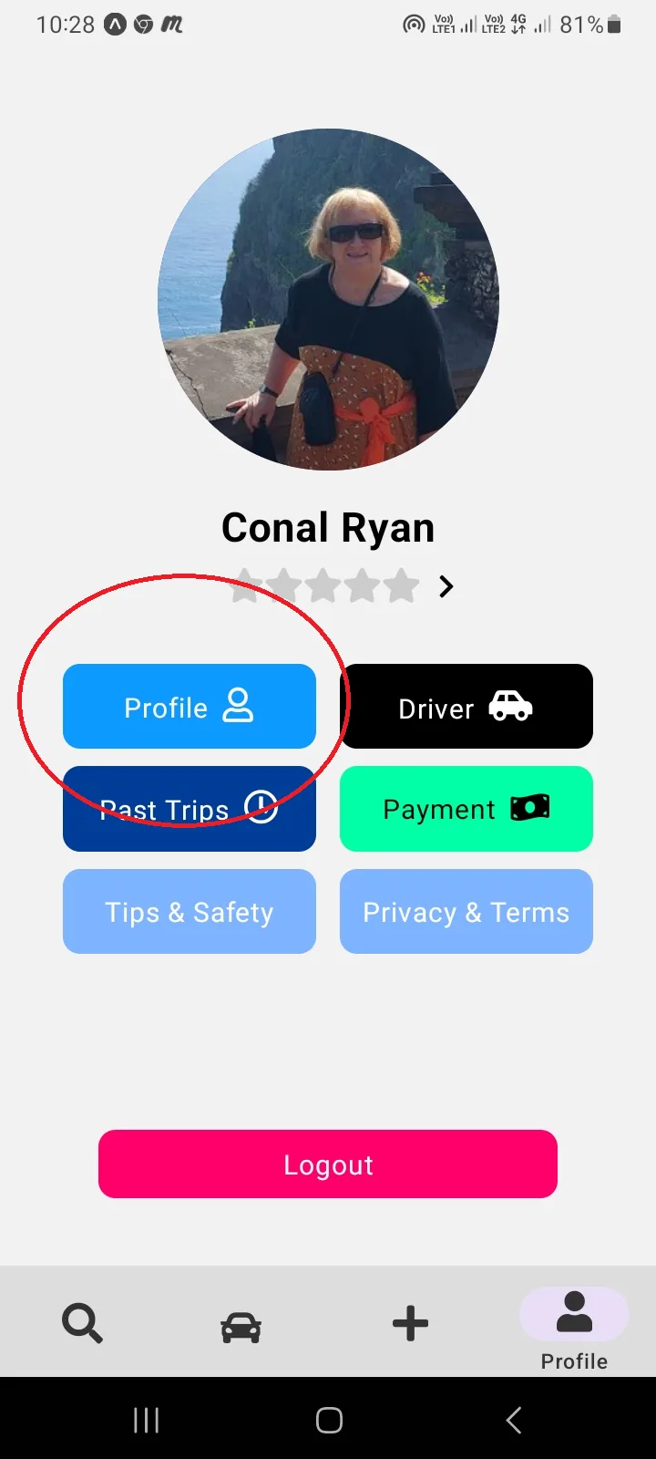 The delete account button in the Trippr profile menu
