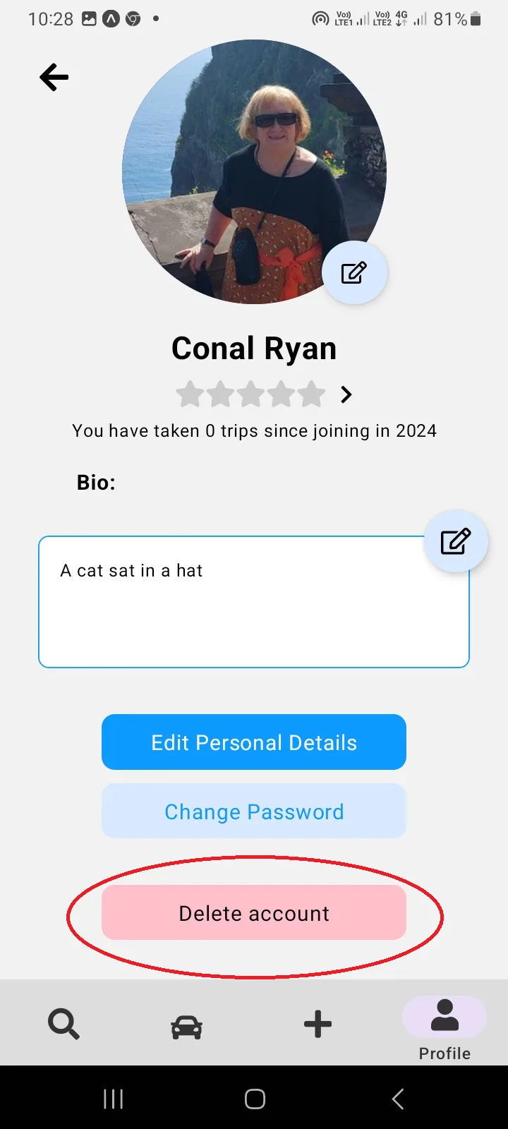 The delete account confirmation in Trippr