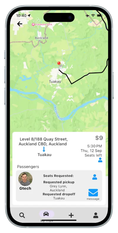 A driver view of a trip from Auckland CBD to Tuakau, with a passenger request and a nine dollar fare