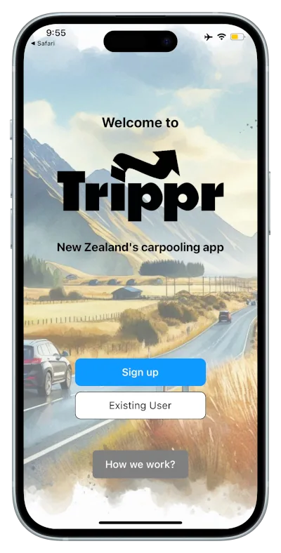 Trippr welcome screen over an open road through the countryside