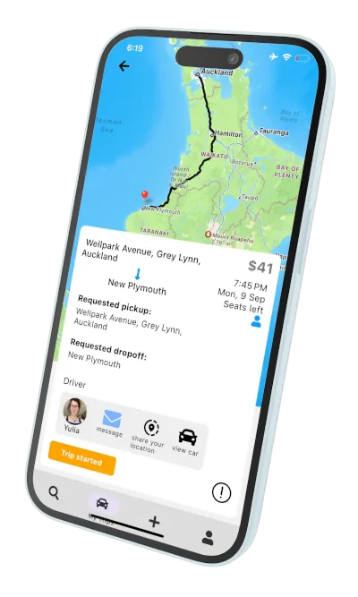 A Trippr trip from Grey Lynn, Auckland to New Plymouth, with the route on the map and the fare shown