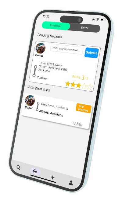 Trippr reviews and accepted trips, with a star rating and a message button